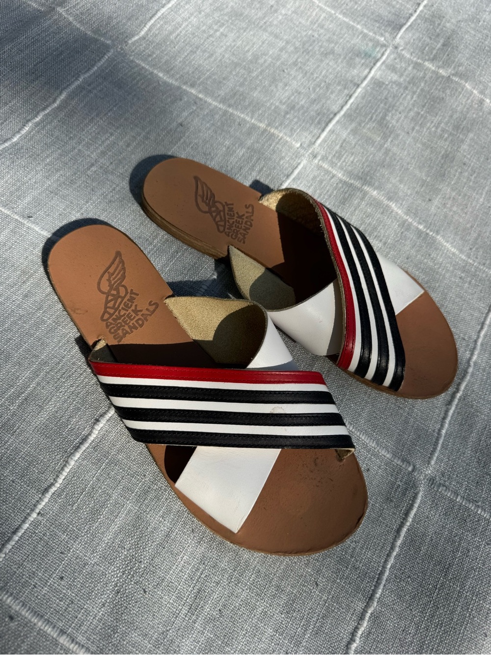 Ancient Greek Sandals Leather Slide Sandals with Red, Black & White Stripes 8
